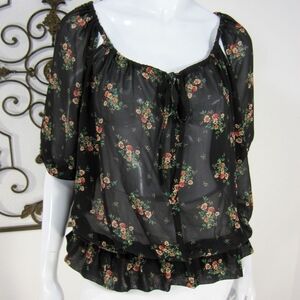 Sheer Black Floral Peasant Boho Blouse | GUESS